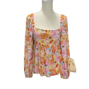 Baevely Floral Peplum Square Neck Top Multi color Square Neck Long Sleeve Size M